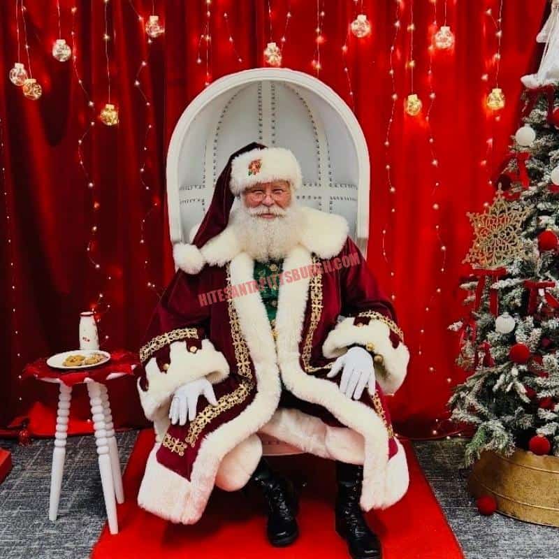 Santa photo session – real beard Santa in a white chair with milk and cookies against a red backdrop