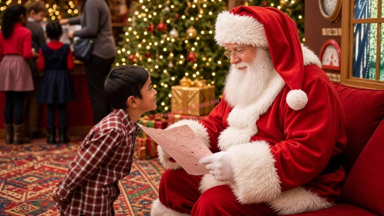 Santa Claus reading a Christmas letter with a boy at a city hall holiday event