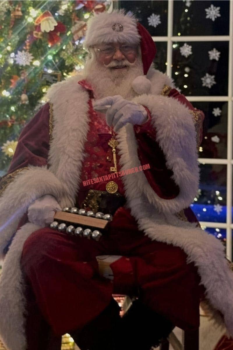 Santa home visit – real bearded Santa seated by a lit Christmas tree holding sleigh bells