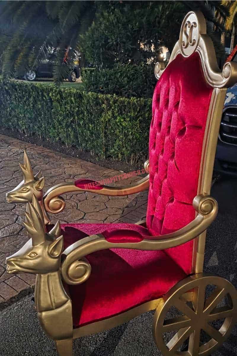 Red velvet Santa chair with gold reindeer armrests – Santa for hire in Cranberry Township
